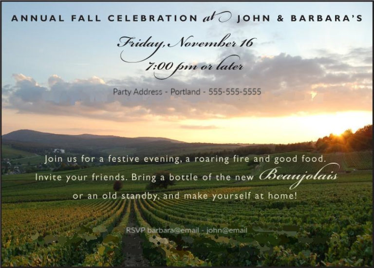 Party invitation. Background picture of beautiful pastel sunset over a green vineyard.