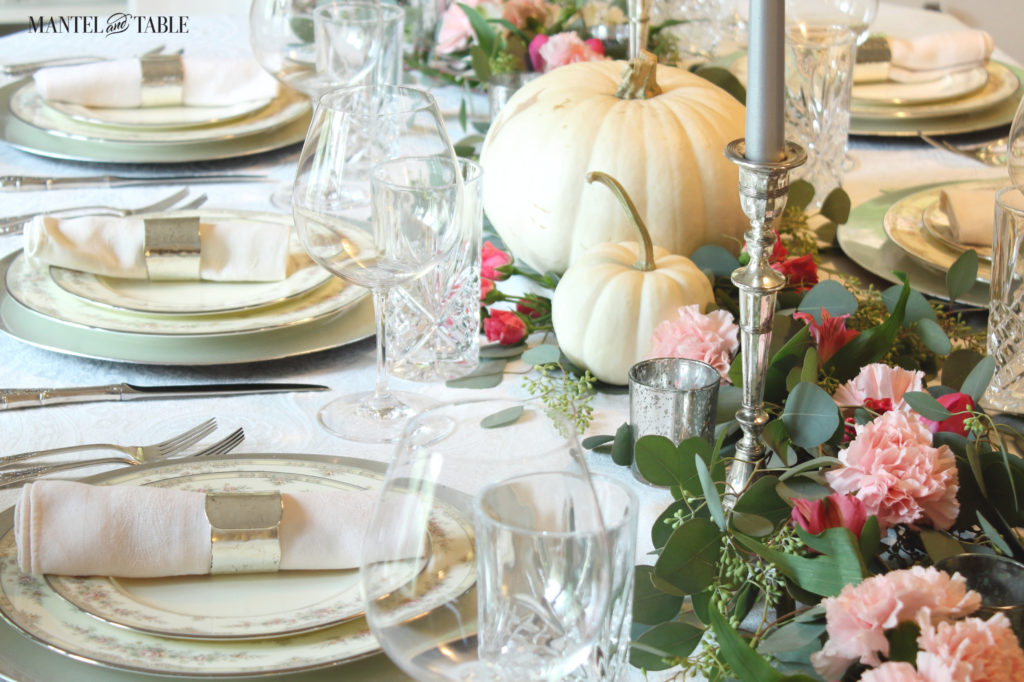 Pink Flowers & White Pumpkins! A Fresh Fall Tablescape - Mantel and Table