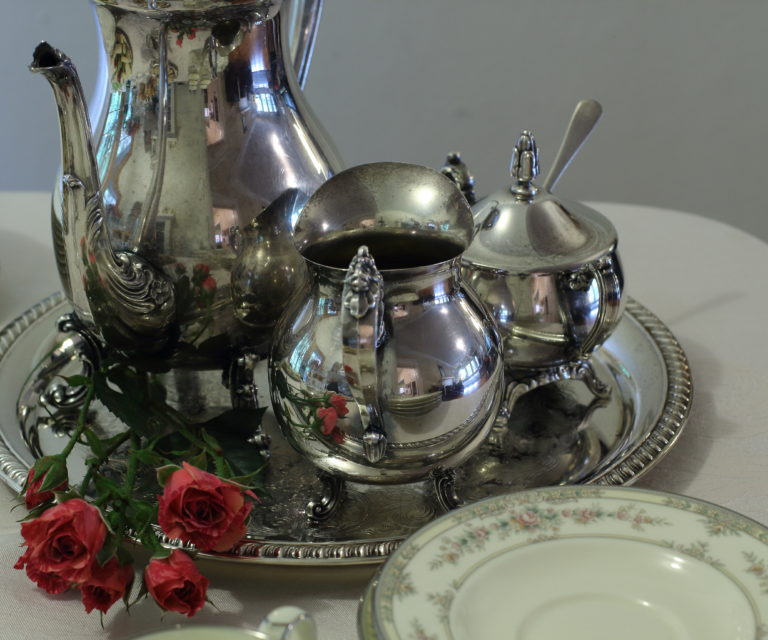 Silver Tea Set with deep pink roses and cream & pink flowered plates