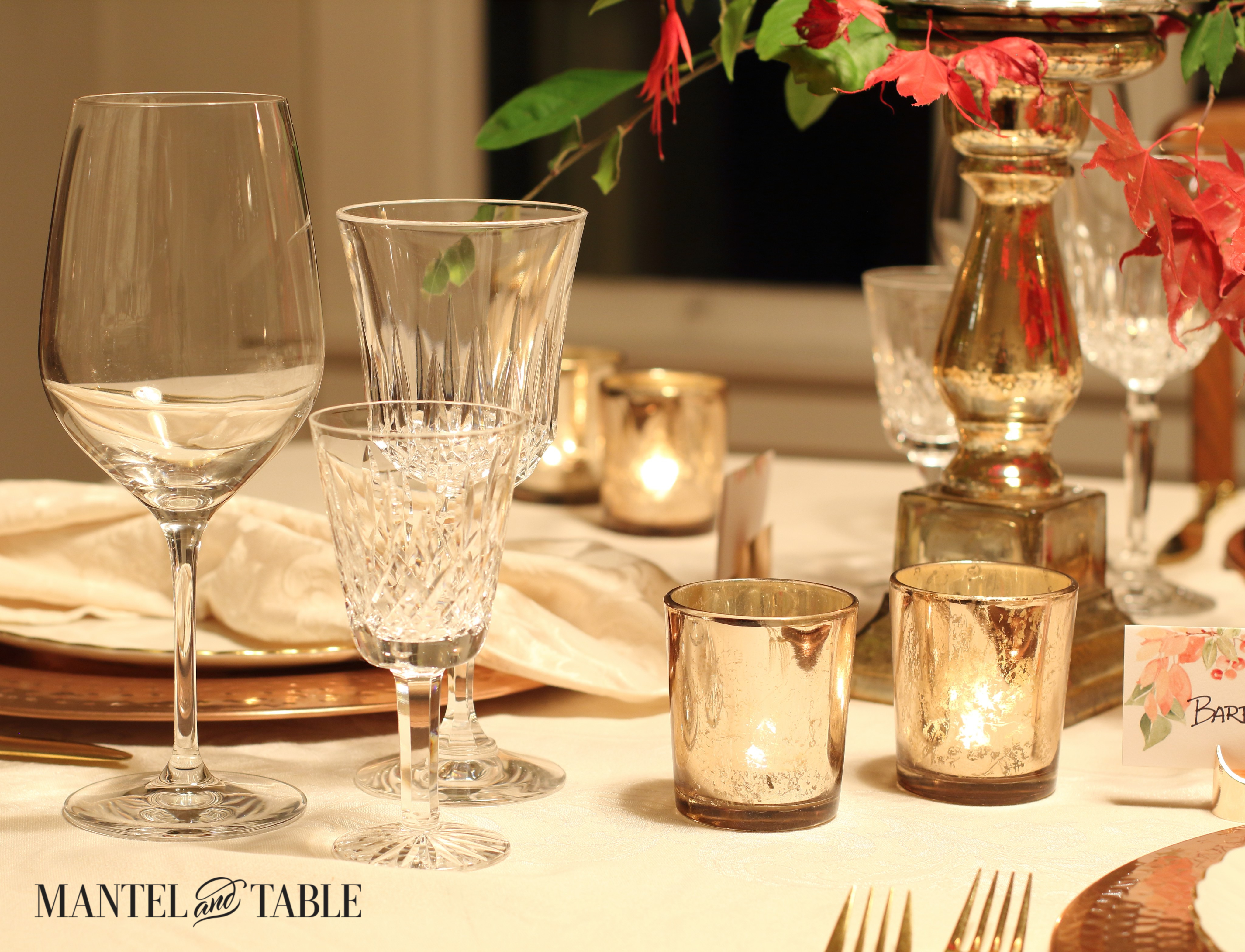 Cut crystal water ;& port glasses, smooth wine glass on Thanksgiving table