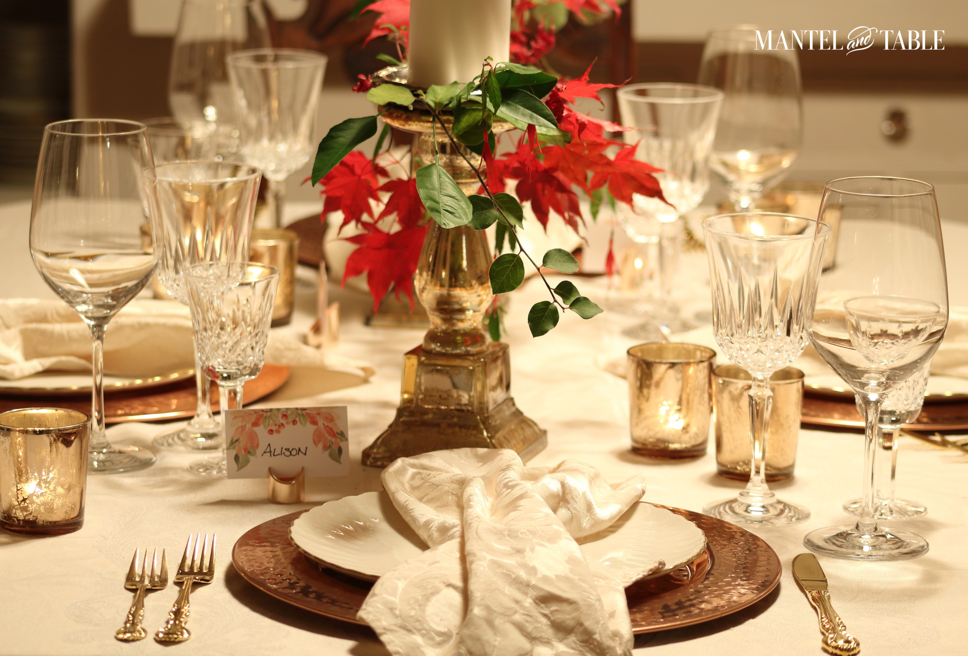 Thanksgiving tablescape - Blush jacquard napkin laid on plates in soft drapy way