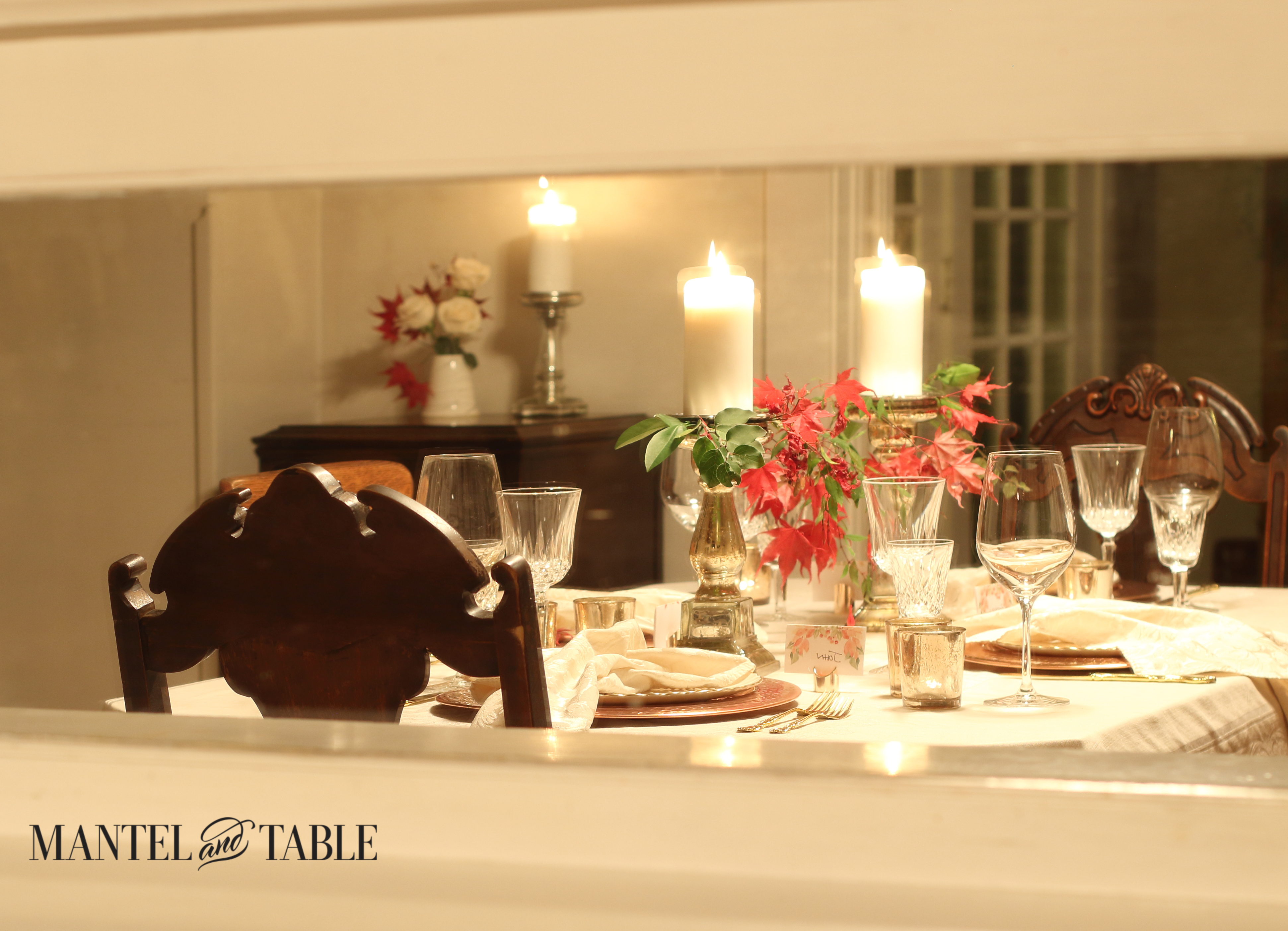 Thanksgiving table reflected in the buffet mirror