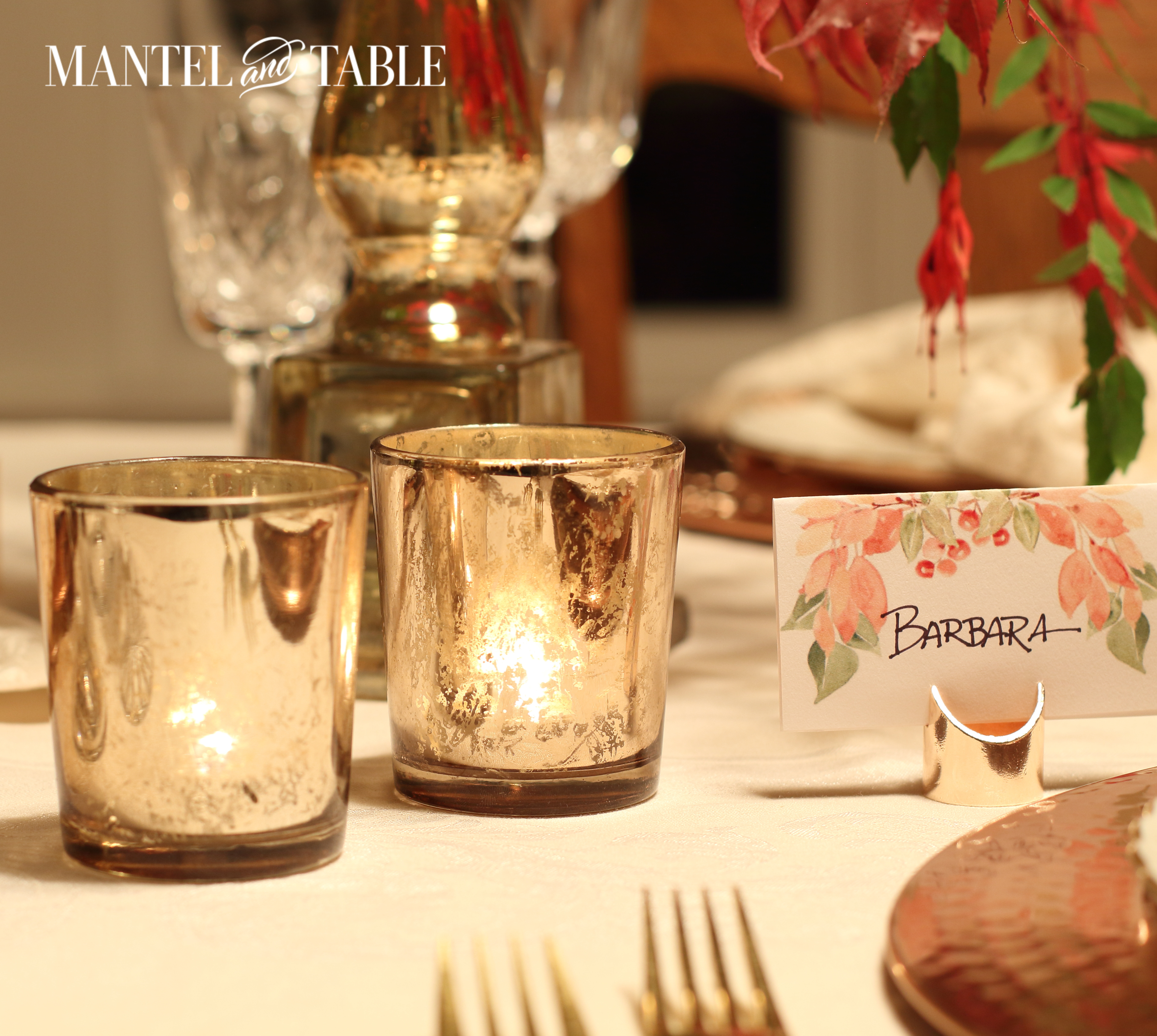 Gold mercury glass votives on Thanksgiving table