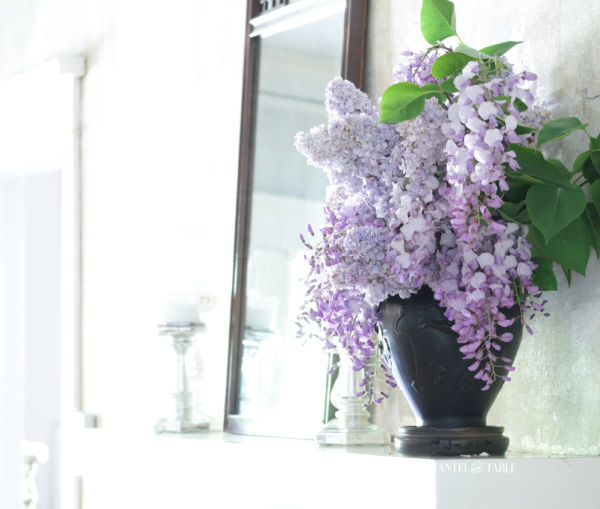 Diagonal shot of black amethyst vase of lavender lilacs & wisteria on white mantel with brown mirror