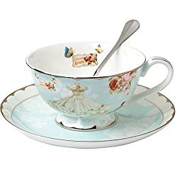 AWHOME Rose Flower Blue Teacup with Spoon
