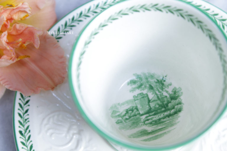 Interior of teacup with green transfer design