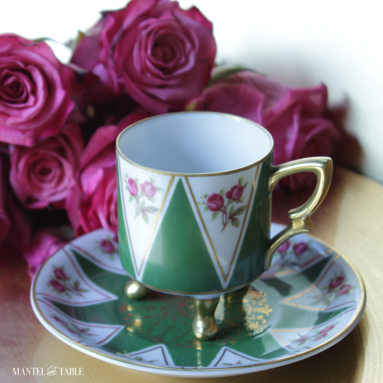 Demitasse Teacup Green & white diamonds with pink roses & gold trim, feet