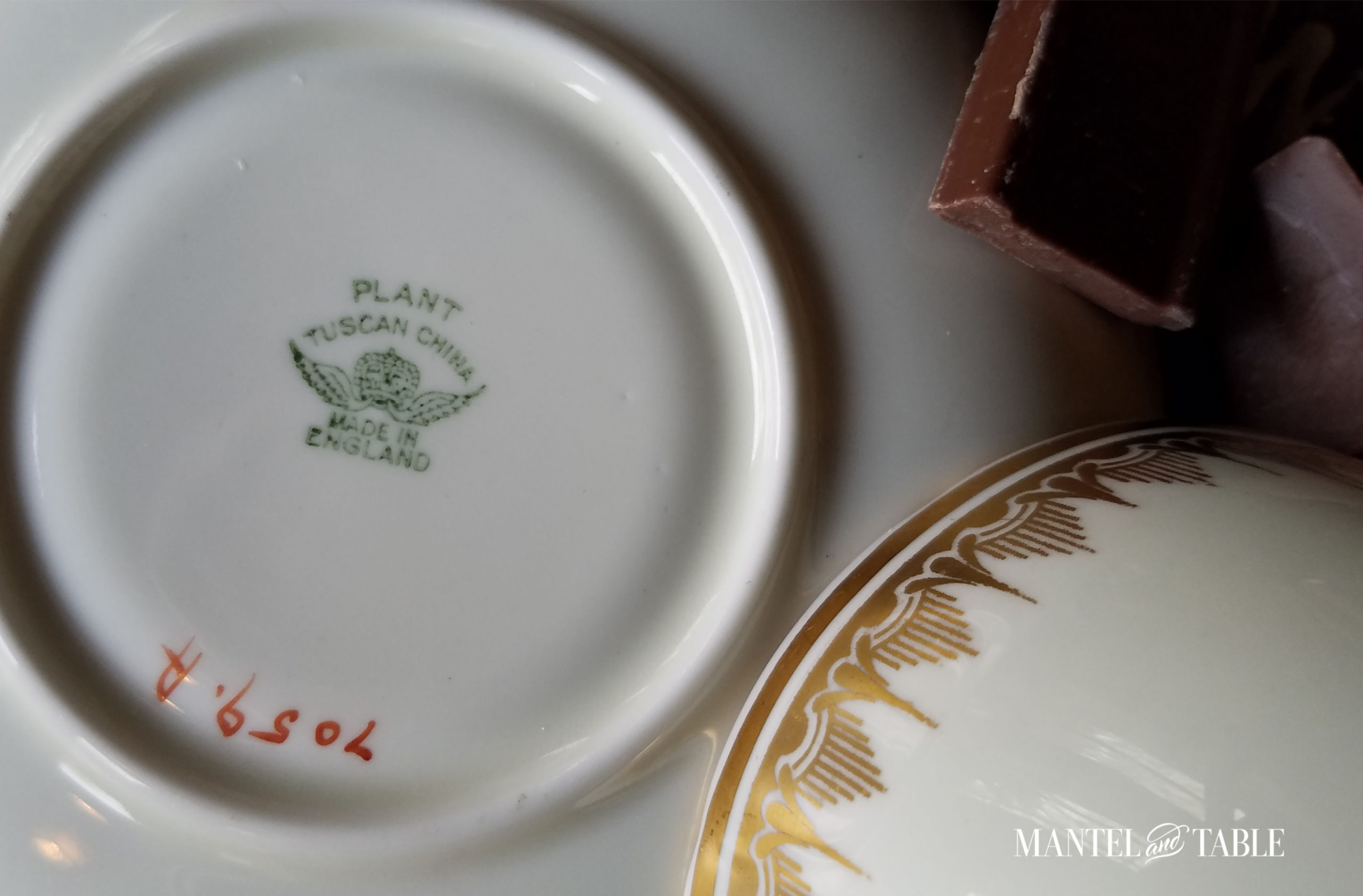 Backstamp on saucer "Plant Tuscan China" Above winged crown logo "Made in England" below