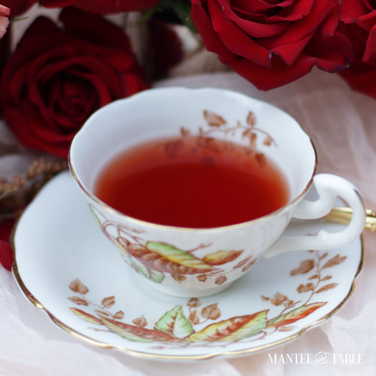 Fall teacup on peach voile with red roses