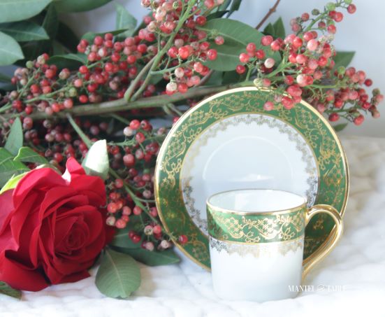 Limoges teacup closeup with saucer upright behind cup