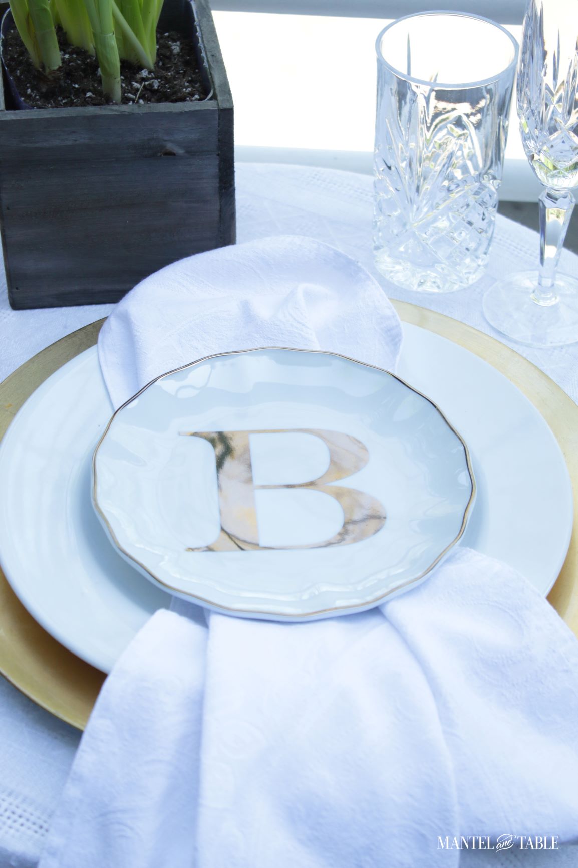 Daffodil tablescape ~ Closeup of plates on table