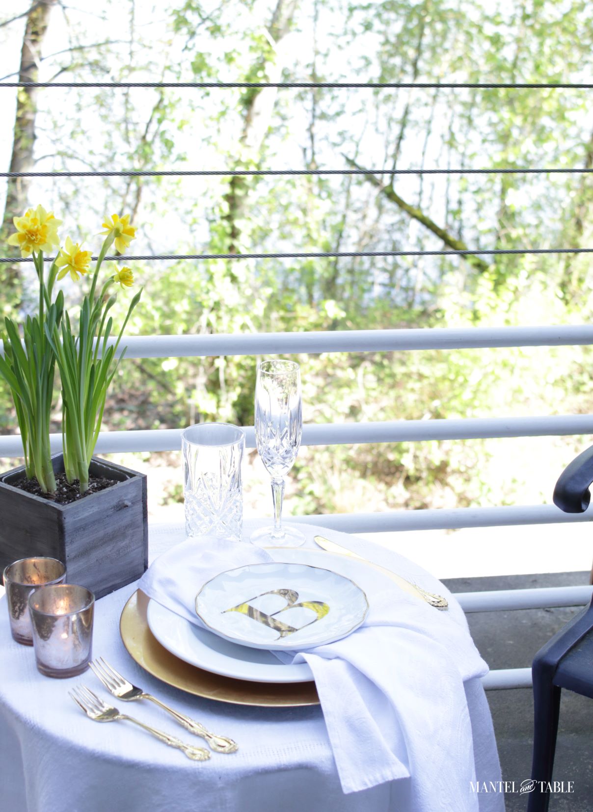 Daffodil tablescape ~ Full table with woods & river view
