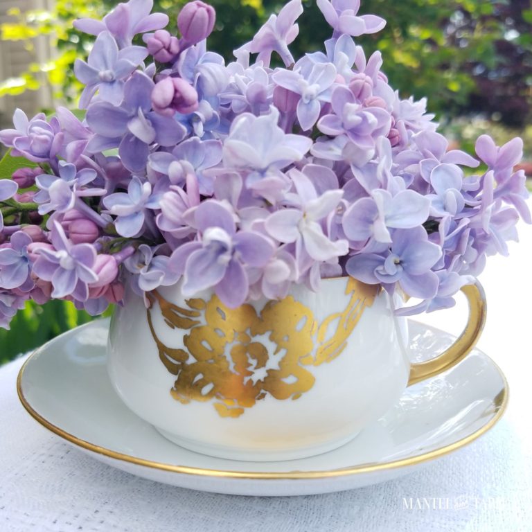 White and Gold Teacup with Lilacs + Something New!