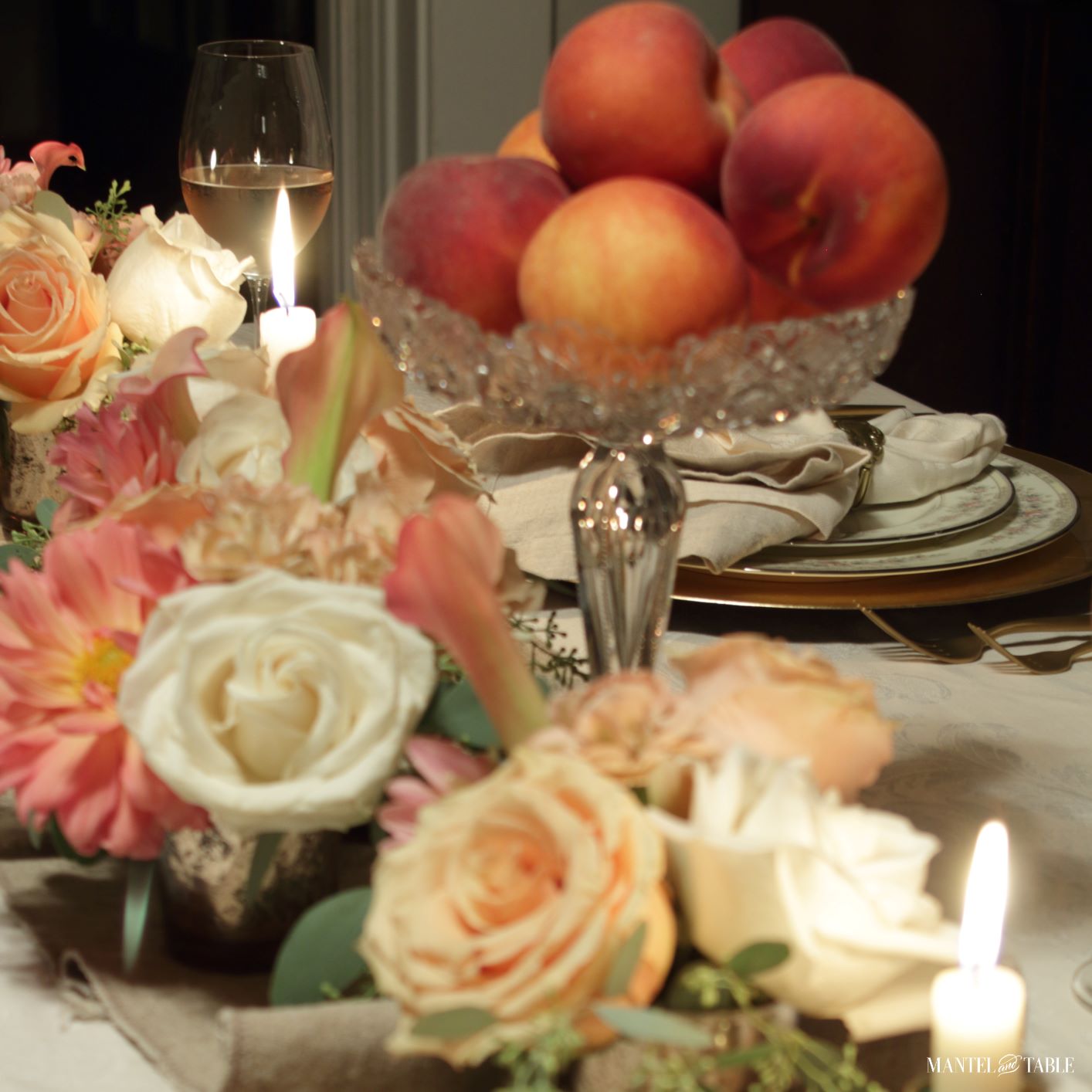 7 Fruits ~ 4 Candles ~ 1 Lovely Peach Tablescape - Mantel and Table