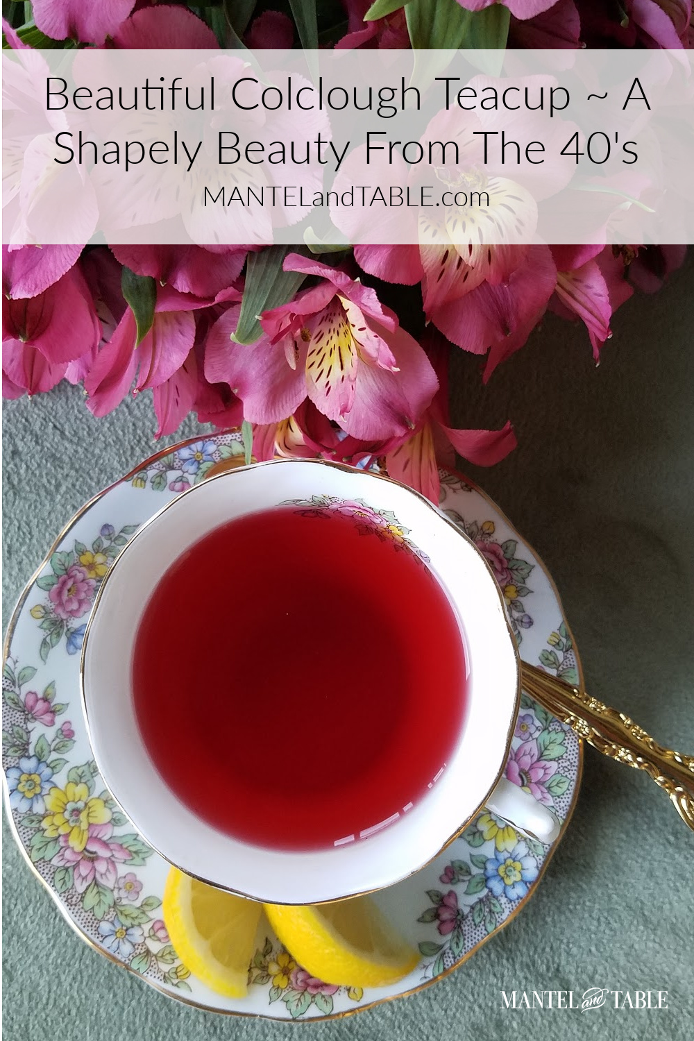 Top view of red tea in light blue flowered cup, Pinterest banner