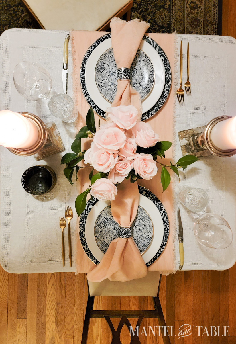 Peach and Blue Table Setting with wine coaster from above