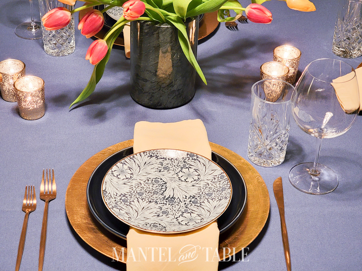 Spring Tulip Tablescape with bue and gold place setting