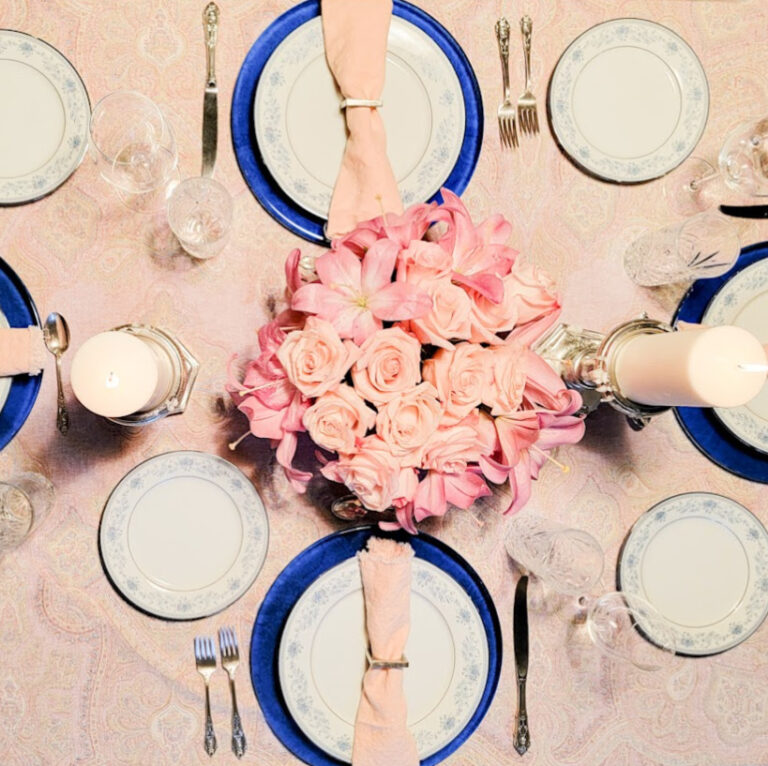 Beautiful Feminine Roses Create an Elegant Pink and Blue Tablescape