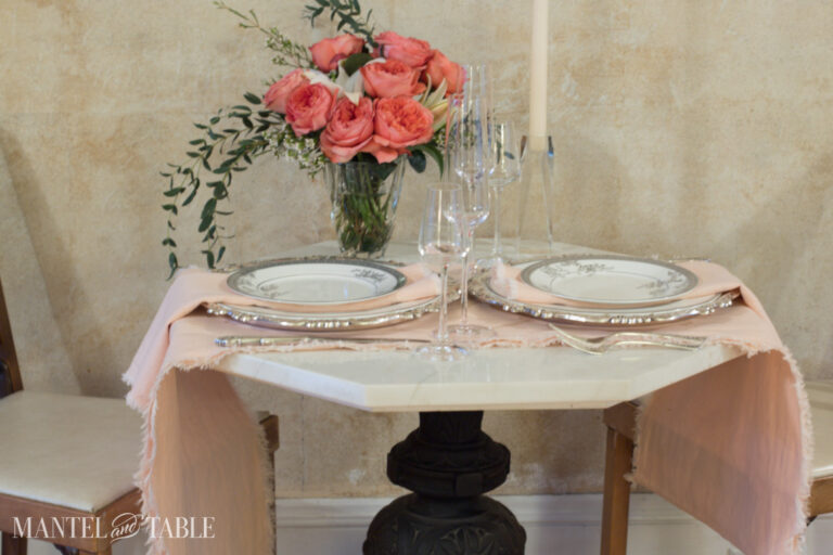 An intimate table for two with beautiful blush and silver - Mantel and ...