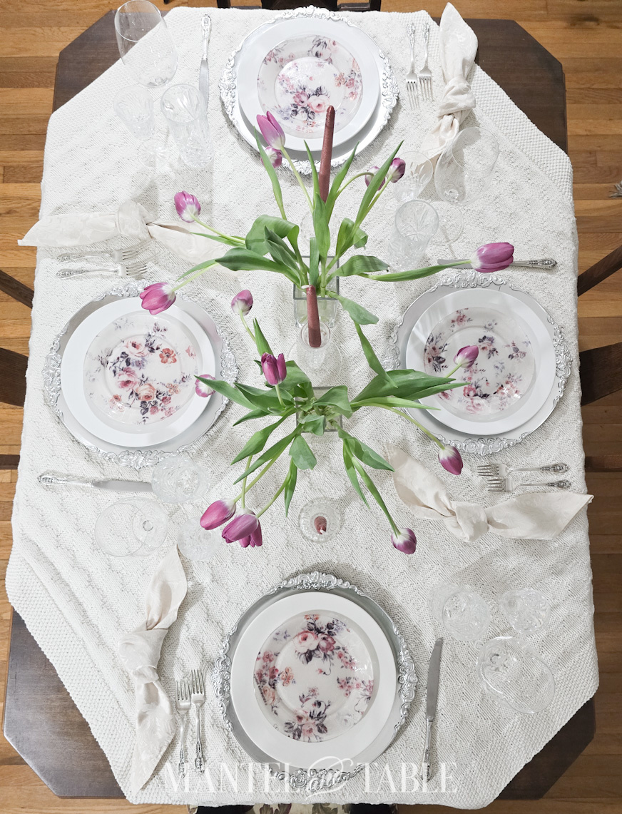 Overhead view of a spring dinner party table