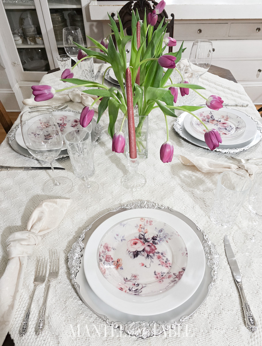 spring dinner party table - full view from one end.