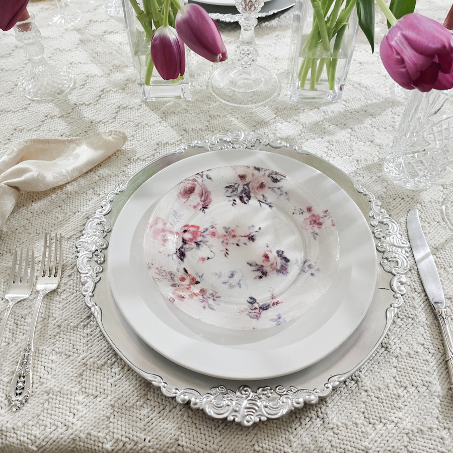 White, silver, and pink formal place setting