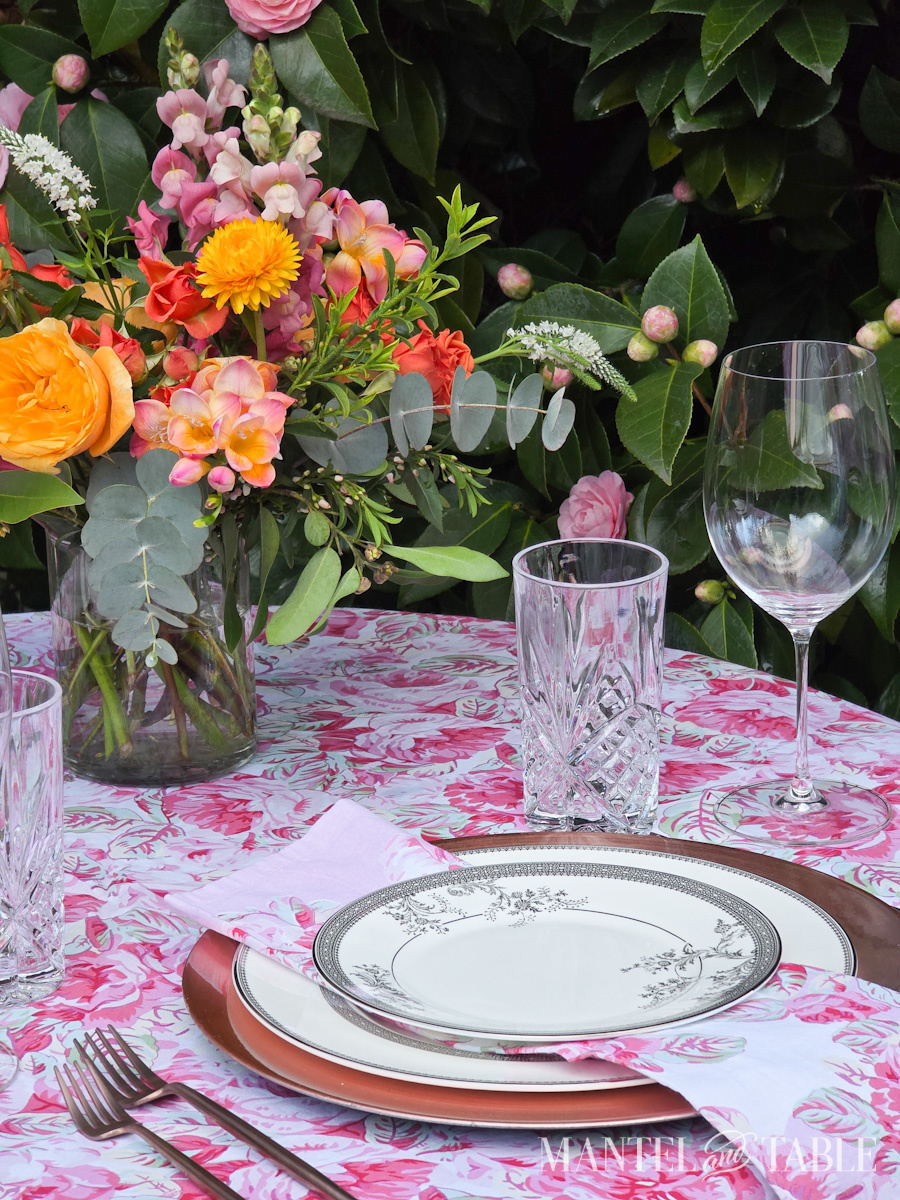 Side view of a bright colorful tablescape